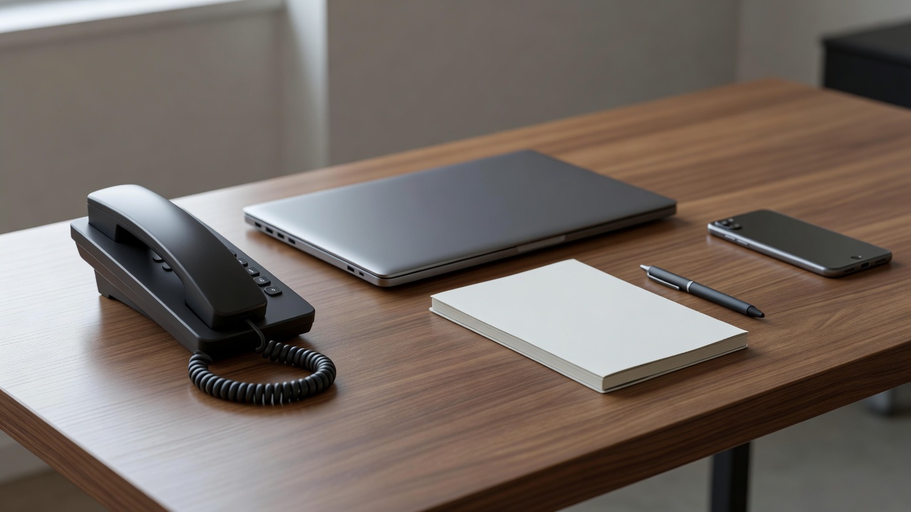 A tidy wooden desk with a closed laptop, a paper notebook and a smartphone placed face down