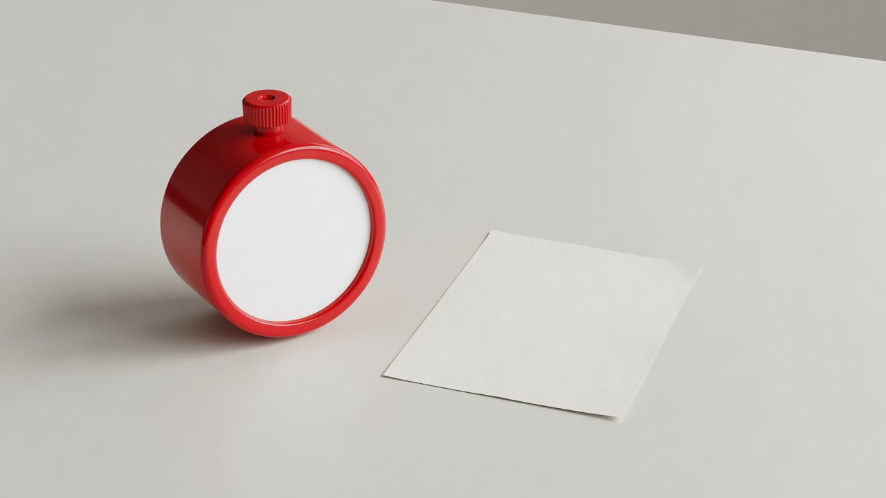 3D render of a red kitchen timer beside a single paper slip on a plain off-white surface