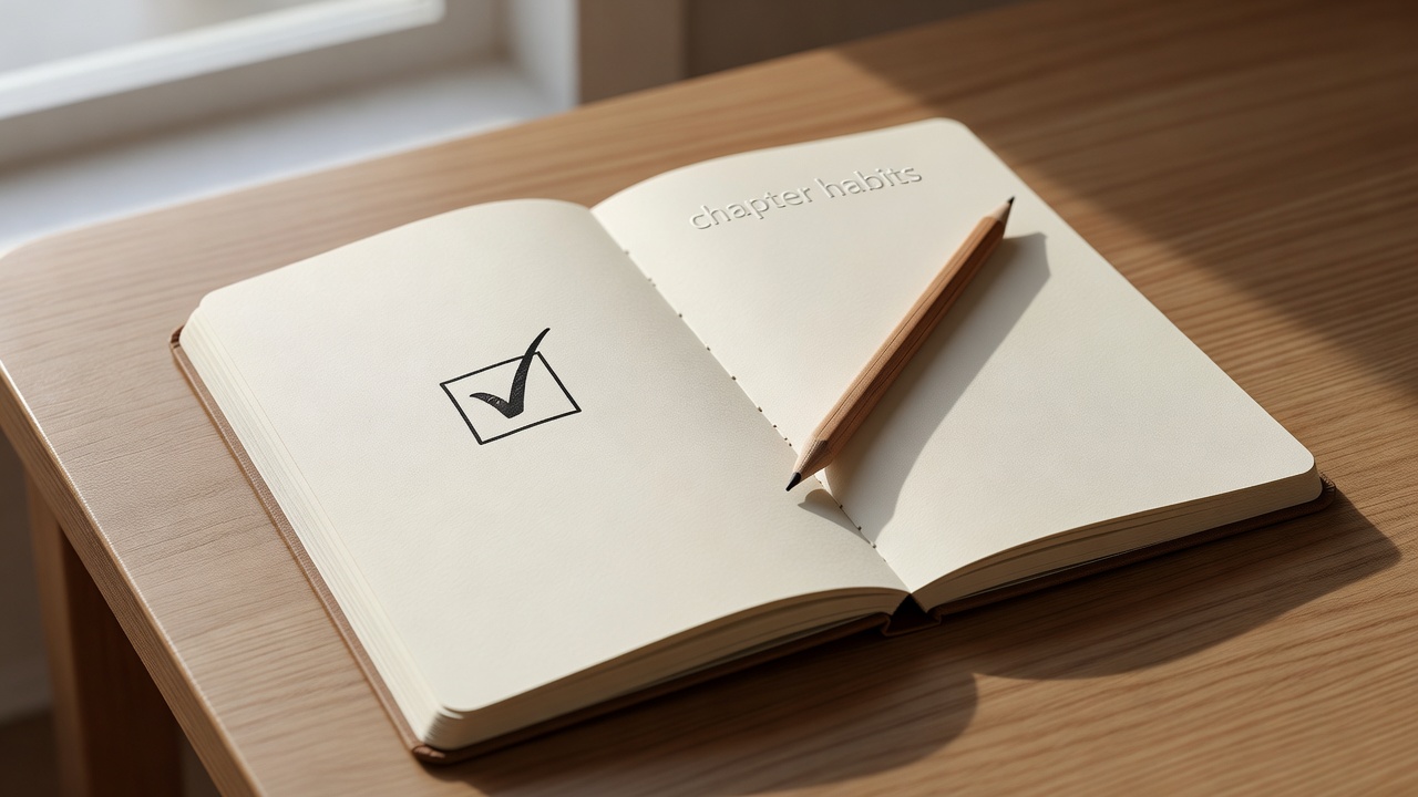 3D render of an open notebook with a single ticked box and a pencil resting across the page