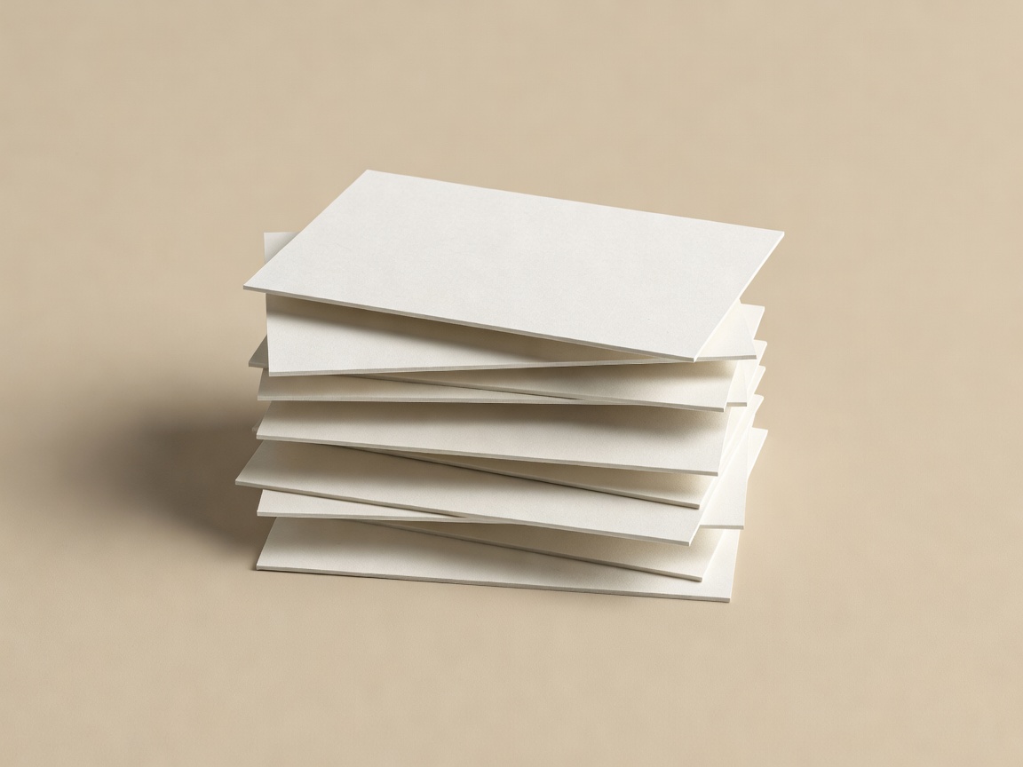 3D render of seven stacked paper task slips in a loose column on a plain sand-coloured background