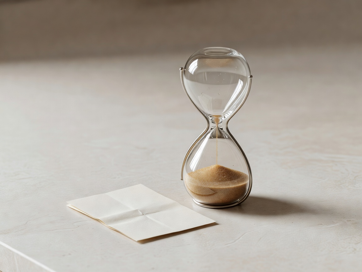 3D render of a small glass hourglass and a folded paper slip resting on a pale stone-coloured surface