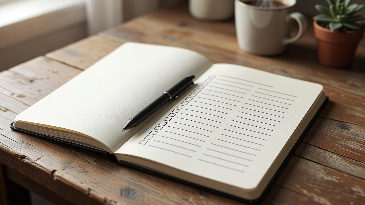 A notebook with a hand-drawn daily checklist and a black pen lying across the page on a desk