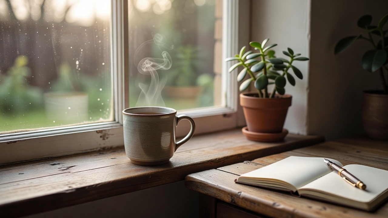 A cup of tea on a windowsill beside a desk, with soft daylight and a small potted plant