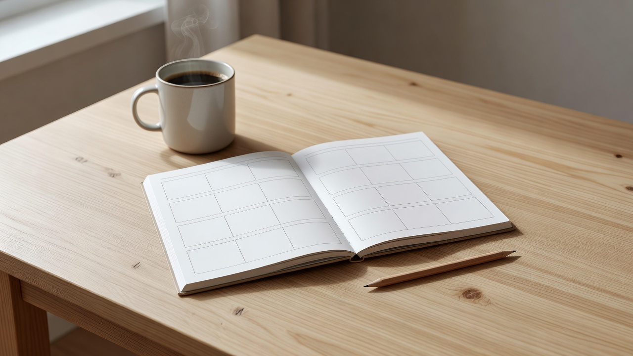 An open paper weekly planner beside a pencil and a mug of coffee on a light wooden desk